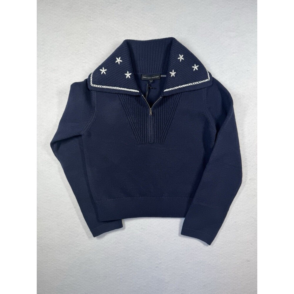 English Factory Floral Embroidery Zip Up Knit Sweater Navy Woman's Medium